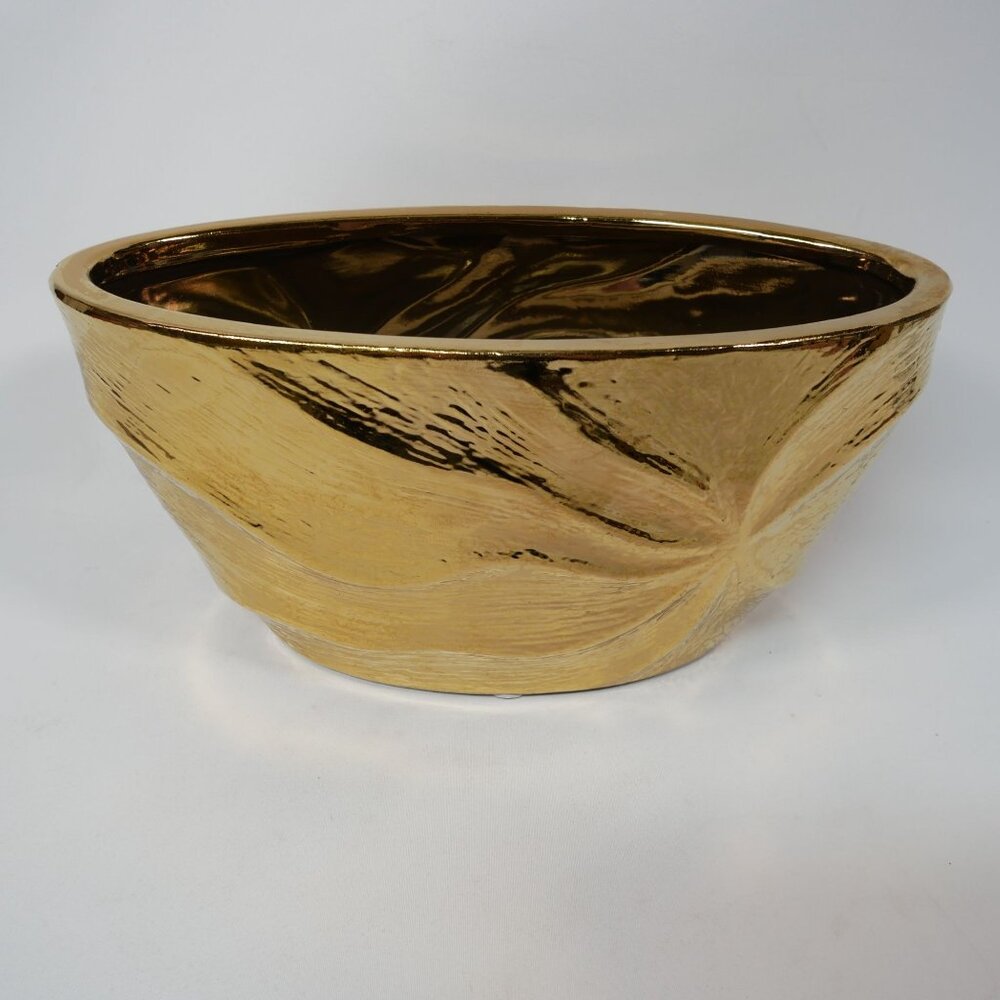 Gold Ceramic Decorative Bowl With Textured Design Oval Shape By DesignPac